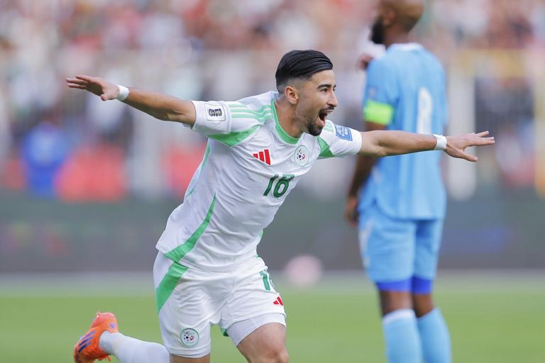 Mohamed Amoura of Algeria celebrates goal during the FIFA World Cup Qualifiers 2026 match between Somalia and Algeria held at Miloud Hadefi Stadium in Oran , Algeria on 09 October 2025 &copy;Djaffar Ladjal/BackpagePix
