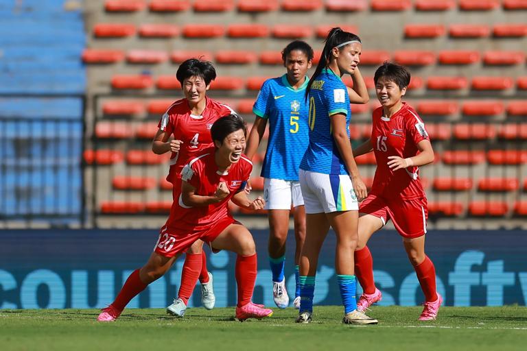 MEDELLIN, COLOMBIA - SEPTEMBER 15: Chae Un Yong of Korea DPR celebrates after scoring the team's first goal during the FIFA U-20 Women's World Cup Colombia 2024 Quarterfinal match between Brazil and Korea DPR at Estadio Atanasio Girardot on September 15, 2024 in Medellin, Colombia. (Photo by Hector Vivas - FIFA/FIFA via Getty Images)
