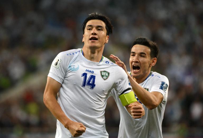 Eldor Shomurodov celebrates a goal for Uzbekistan during a FIFA World Cup 2026 qualifier