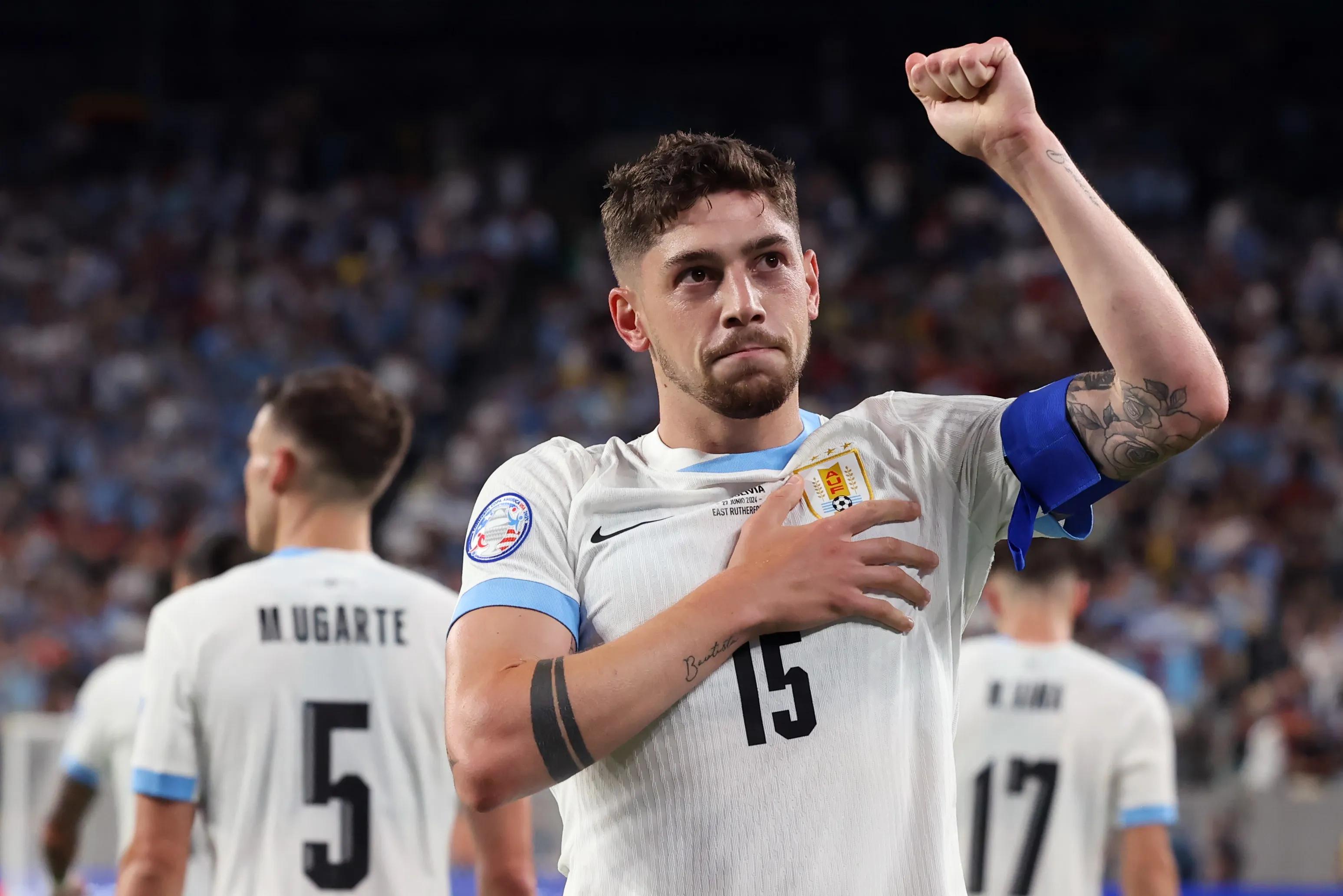 EAST RUTHERFORD, NEW JERSEY - JUNE 27: Federico Valverde of Uruguay celebrates after scoring the team's fourth goal during the CONMEBOL Copa America 2024 Group C match between Uruguay and Bolivia at MetLife Stadium on June 27, 2024 in East Rutherford, New Jersey. (Photo by Ira L. Black - Corbis/Getty Images)