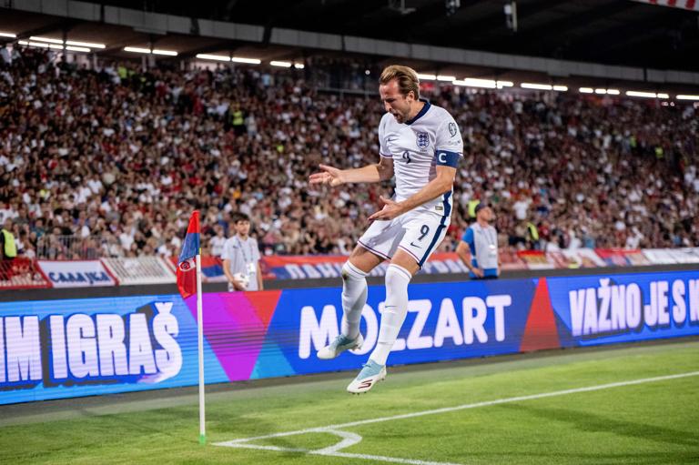 BELGRADE, SERBIA - SEPTEMBER 9: Harry Kane of England celebrates after scoring an opening goal during the FIFA World Cup 2026 qualifier match between Serbia and England at Rajko Mitic Stadium on September 9, 2025 in Belgrade, Serbia. (Photo by Sebastian Frej/Getty Images)