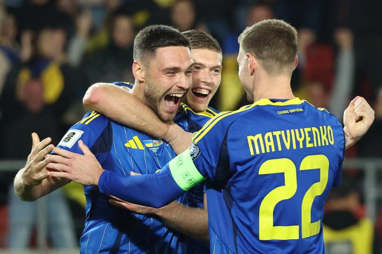 Oleksii Hutsulyak celebrates his goal during the football World Cup European Qualifiers match Ukraine - Azerbaijan at Cracovia Stadium in Krakow, Poland on October 13, 2025. (Photo by Jakub Porzycki/NurPhoto via Getty Images)